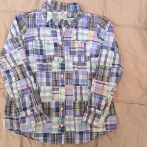 LL Bean Blue Multi long-sleeved cotton Madras patch button-down shirt, Small
